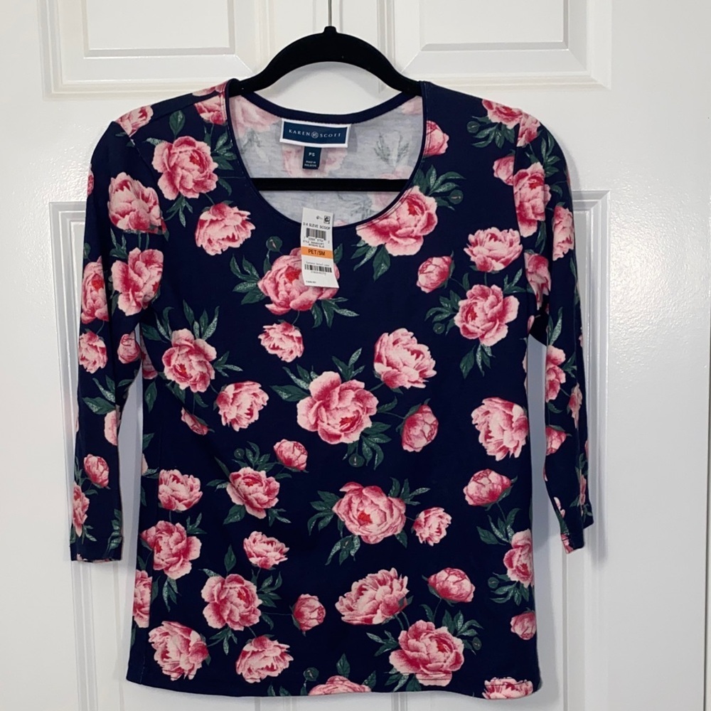 Karen Scott Navy Top with Pink Floral Design